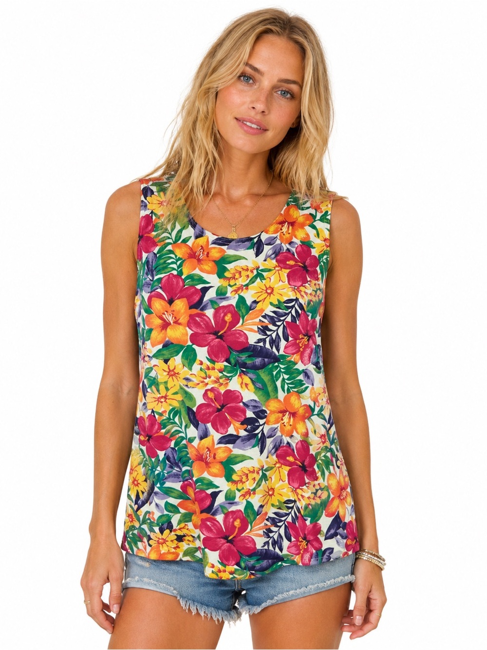 Vintage 90s Tropical Floral Tank Top Large Colorful Cotton Sleeveless